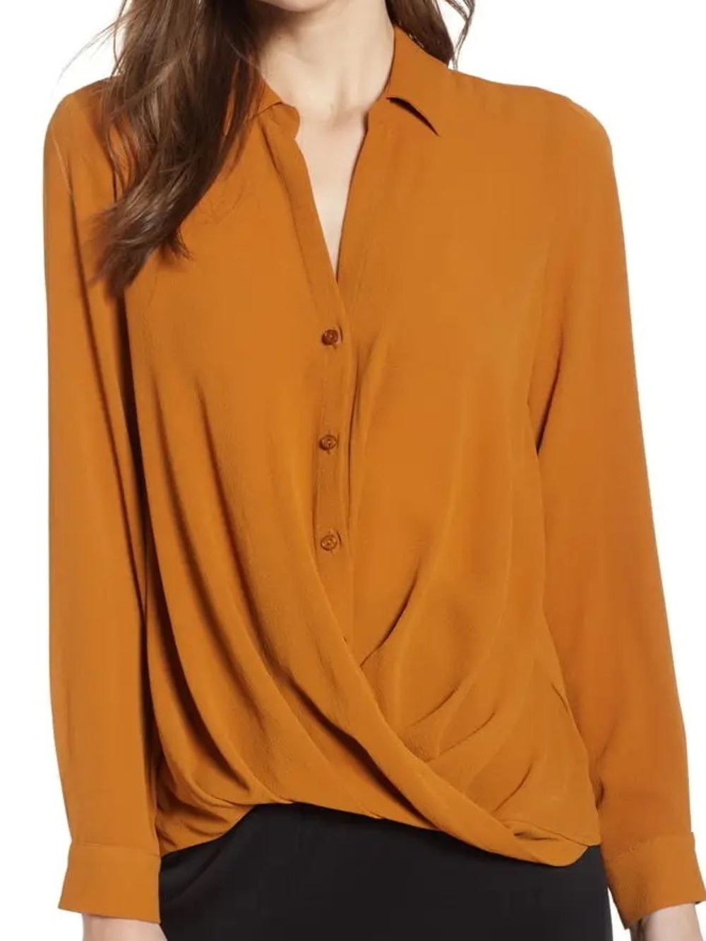 All in Favor Mustard Draped Surplice Button-Front Blouse